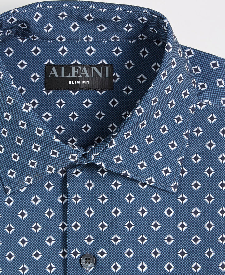 Alfani Men's Slim Fit 4-Way Stretch Geo-Print Dress Shirt Navy White