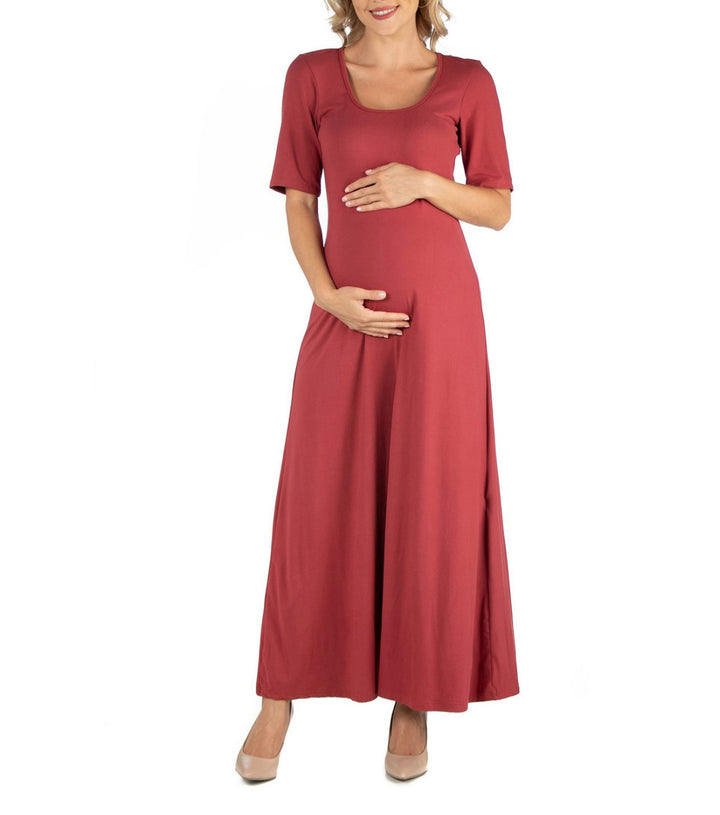 24Seven Comfort Apparel Women's 3/4 Sleeves Casual Maxi Dress Brick Size L