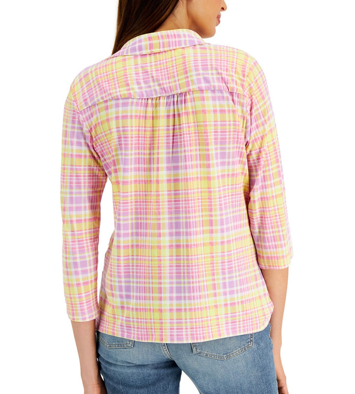 Charter Club Women's 3/4 Sleeve Ada Plaid-Print Polo Top Freesia Combo Size XS