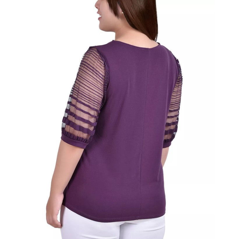 NY Collection Women's Crepe Burnout Sleeves Top Blackberry Wine Size XL