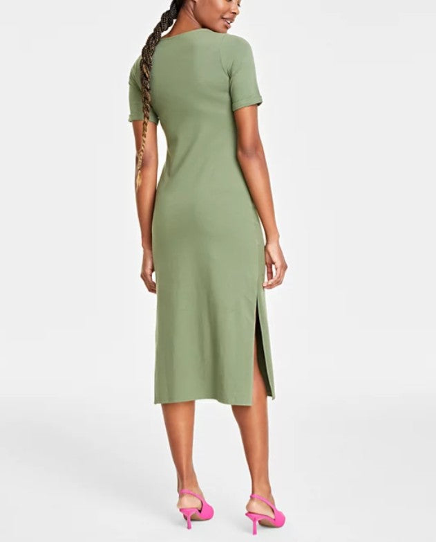 On 34th Women's Short Sleeves Crewneck Wrap Tie Dress Olivine Size M
