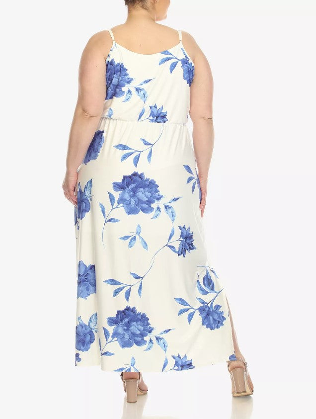 White Mark Women's Floral Strap Maxi Dress White Blue Plus Size 2XL