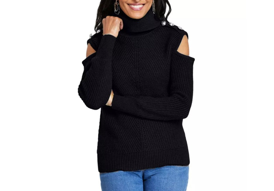 INC International Concepts Women's Turtleneck Cold-Shoulder Sweater Black