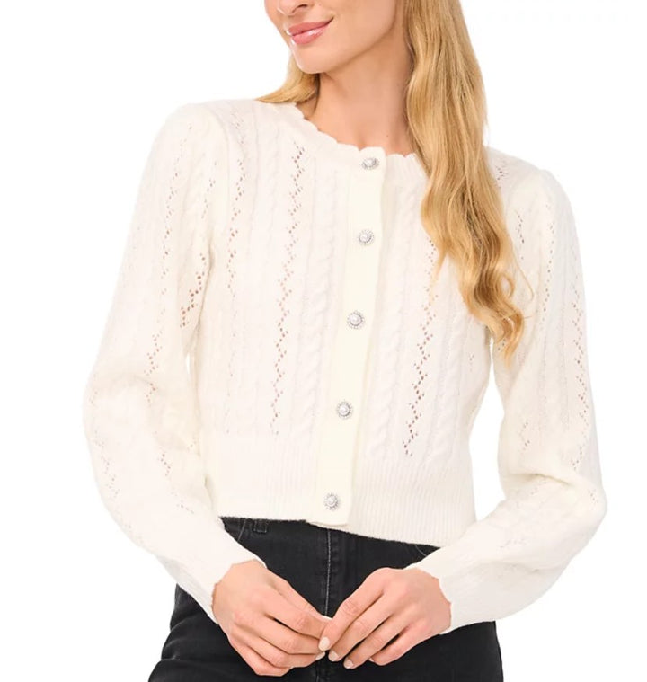 CeCe Women's Beaded-Button Pointelle Cardigan Sweater Antique White