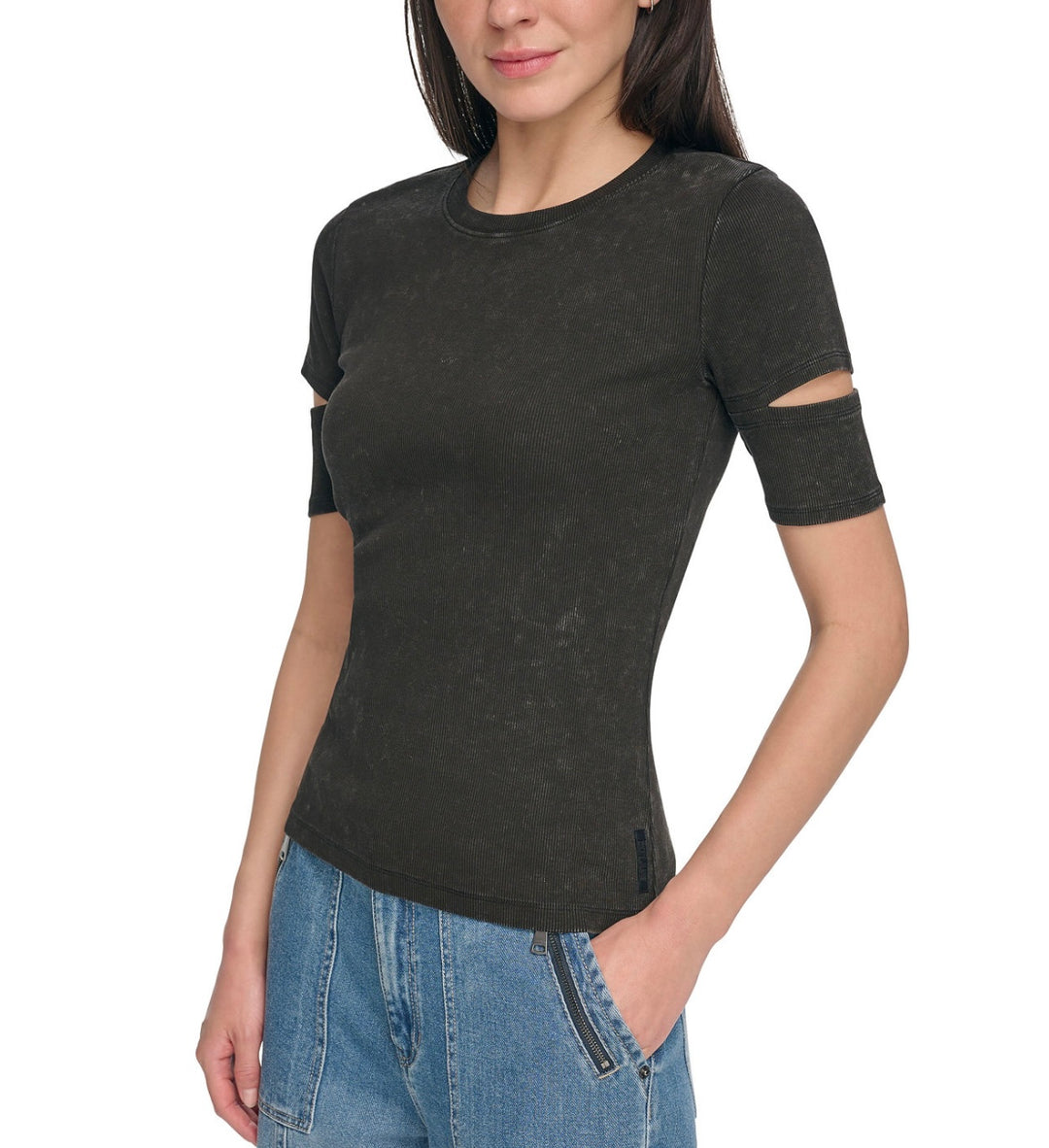 DKNY Women's Cutout Short-Sleeve Rib-Knit Top Black Size L