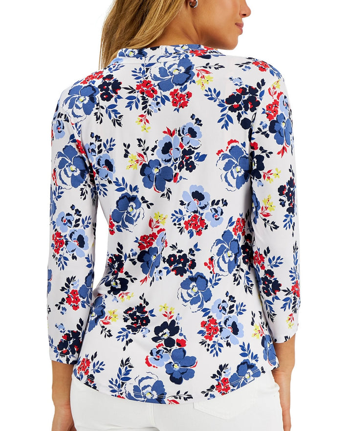 Charter Club Women's 3/4-Sleeve Floral Top Bright White Size S