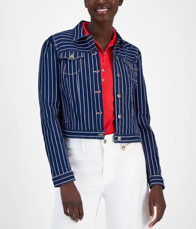Nautica Jeans Women's Striped Denim Puff-Shoulder Jacket Indigo Size M
