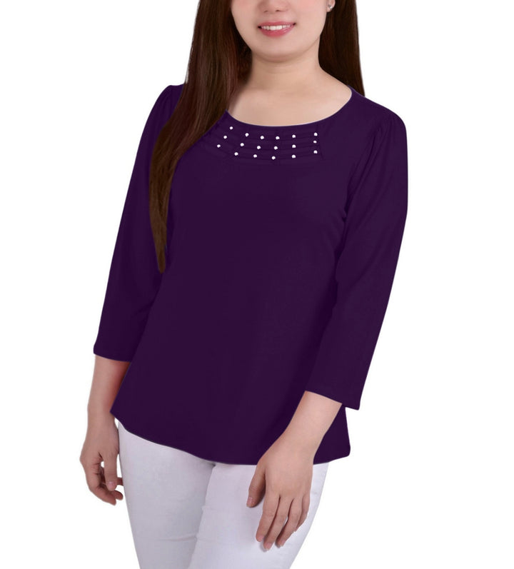 NY Collection Women's 3/4 Sleeve Crepe Knit Top Purple Petite Size PM