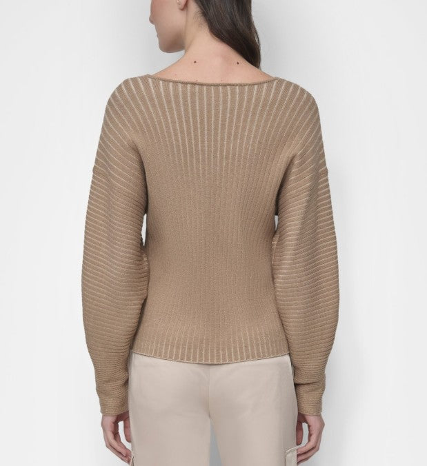 DKNY Women's V-Neck Long-Sleeve Rib-Knit Sweater Taupe Chino Khaki Size XL