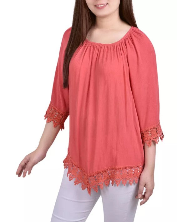 NY Collection Women's 3/4 Sleeve Peasant Blouse Spiced Coral Petite Size PS