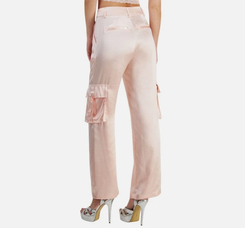 Guess Women's Jamie High Rise Satin Cargo Pants Wanna Be Pink Size M