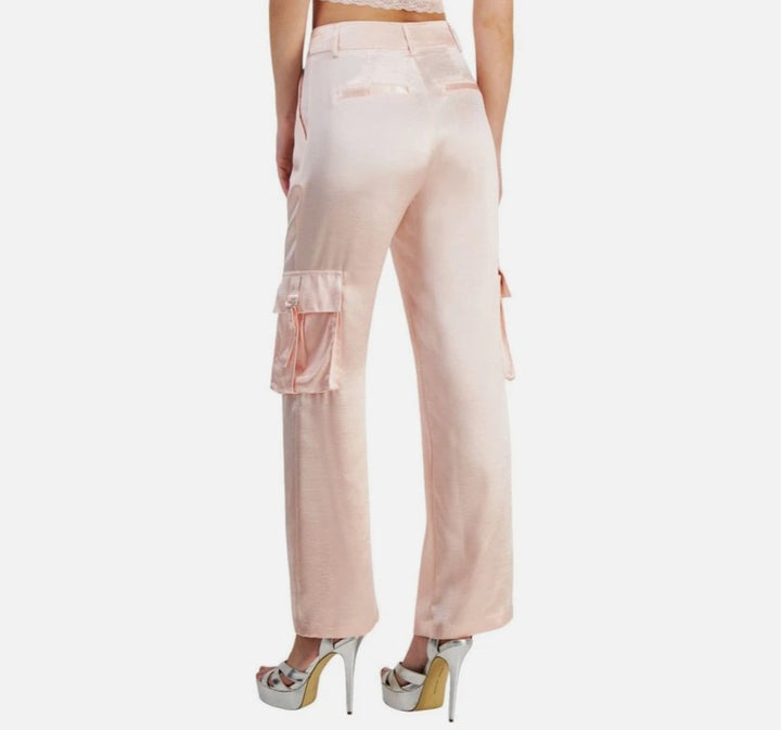 Guess Women's Jamie High Rise Satin Cargo Pants Wanna Be Pink Size M