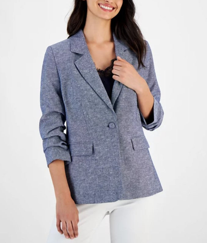 T Tahari Women's Ruched-Sleeve Blazer Dark Navy Size 4