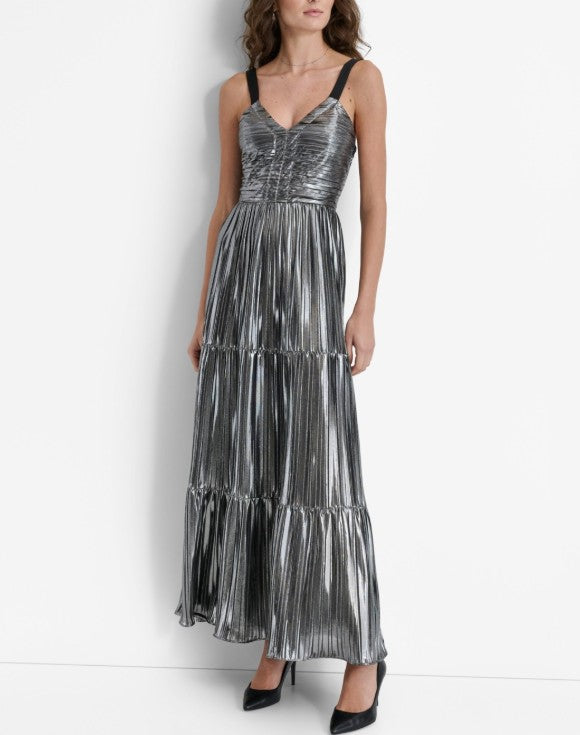 DKNY Women's Foil Plissé V-Neck Sleeveless Maxi Dress Silver Size M