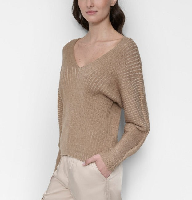 DKNY Women's V-Neck Long-Sleeve Rib-Knit Sweater Taupe Chino Khaki Size XL