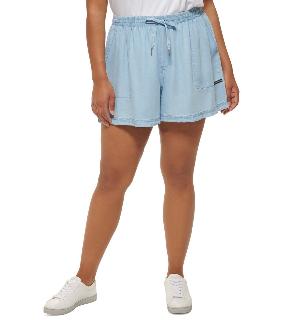 Calvin Klein Jeans Women's Trendy Drawstring Shorts Chambray Blue Plus Size 1X
