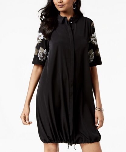 Alfani Women' Petites Dress Black Solid Bungee-Hem Golden Eclectic Buttons