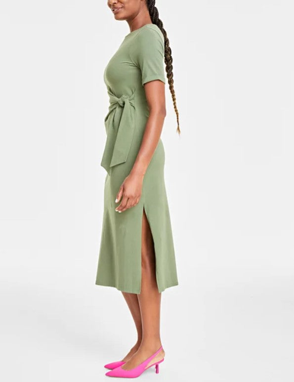 On 34th Women's Short Sleeves Crewneck Wrap Tie Dress Olivine Size M
