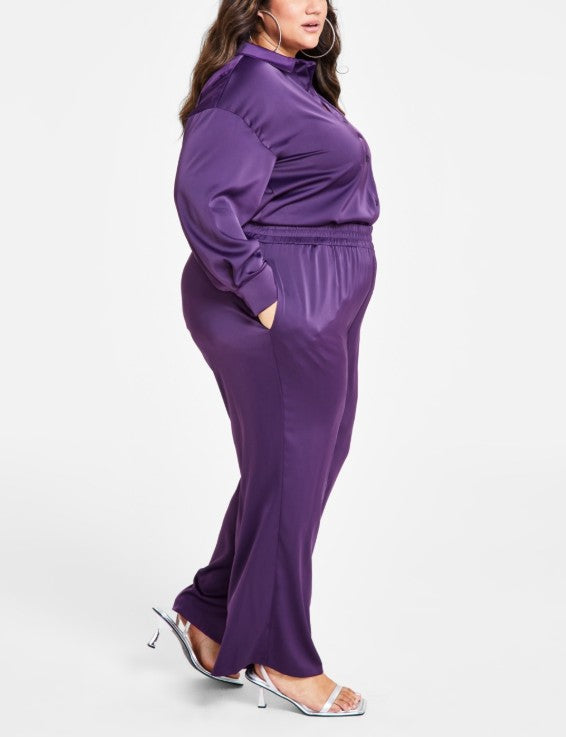 Nina Parker Women's Trendy Satin Wide-Leg Pants Grape Roy Plus Size 2X