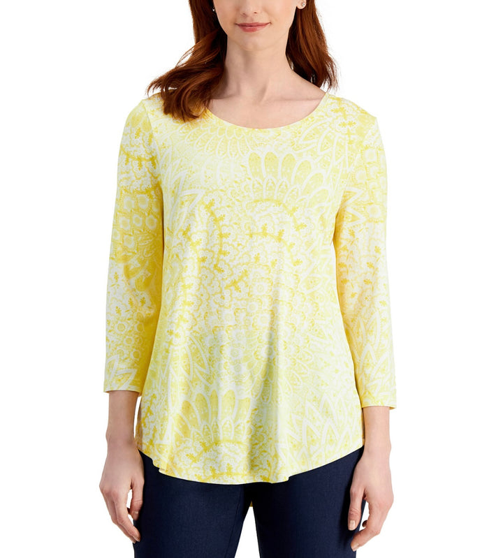 JM Collection Women's 3/4-Sleeve Printed Top White/Yellow Petite Size PL