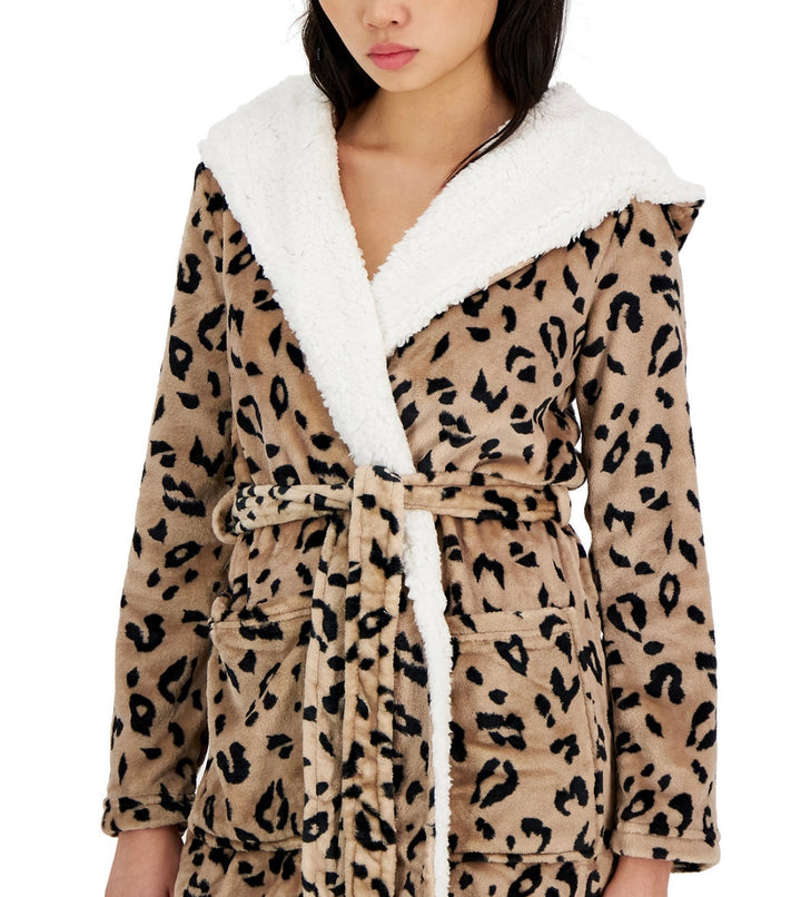 Jenni Women's Printed Short Sherpa Hooded Robe Space Leopard Black