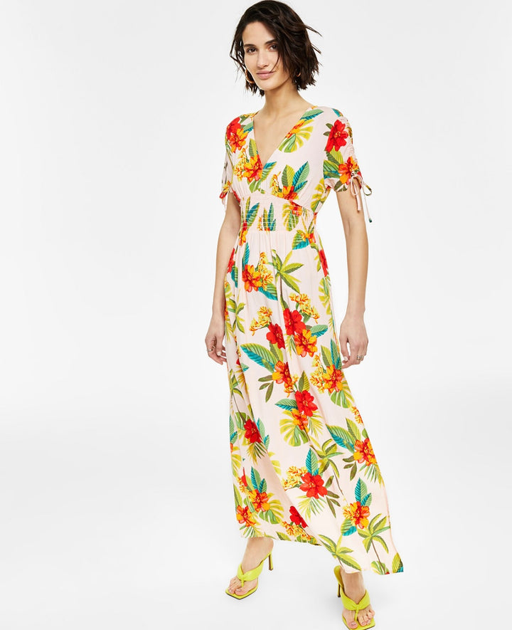 Bar III Women's V-Neck Floral Maxi Dress Habiscus Jungle