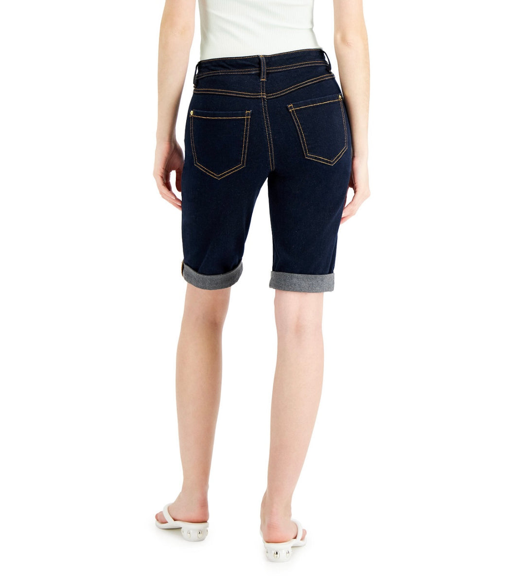 INC International Concepts Women's Mid Rise Cuffed Bermuda Shorts Dark Indigo