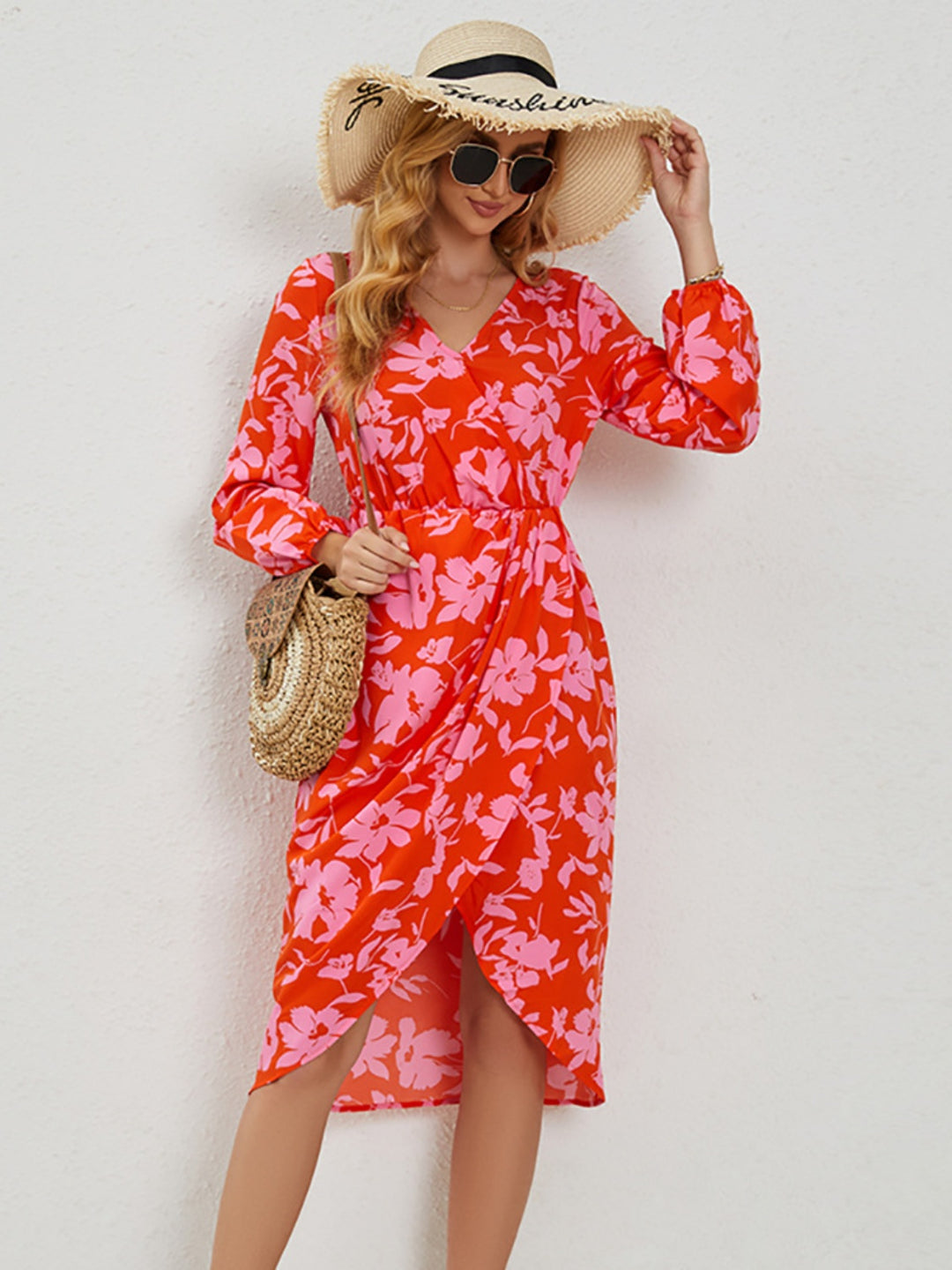 Printed Surplice Long Sleeve Midi Dress