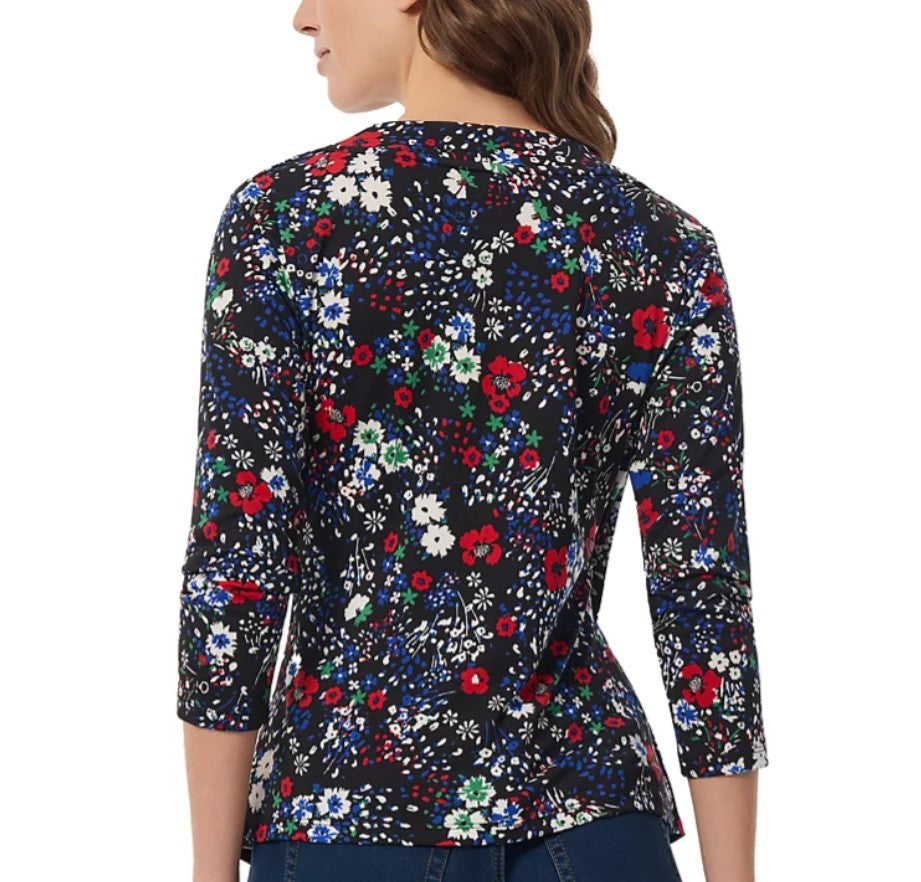Jones New York Women's Floral-Print Faux-Wrap Top Multi Black Size S