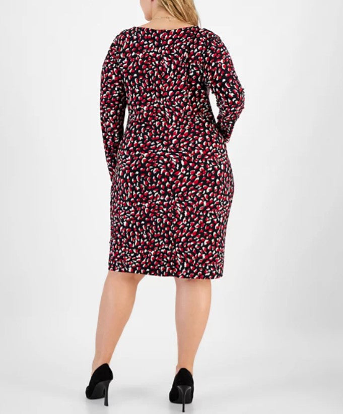 Kasper Women's Printed Boat-Neck Long-Sleeve Dress Black Multi Plus Size 1X