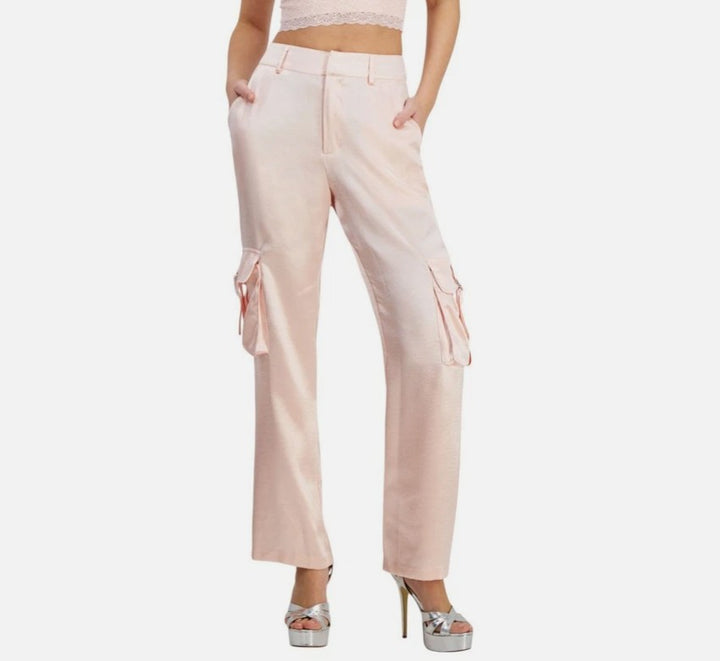 Guess Women's Jamie High Rise Satin Cargo Pants Wanna Be Pink Size M