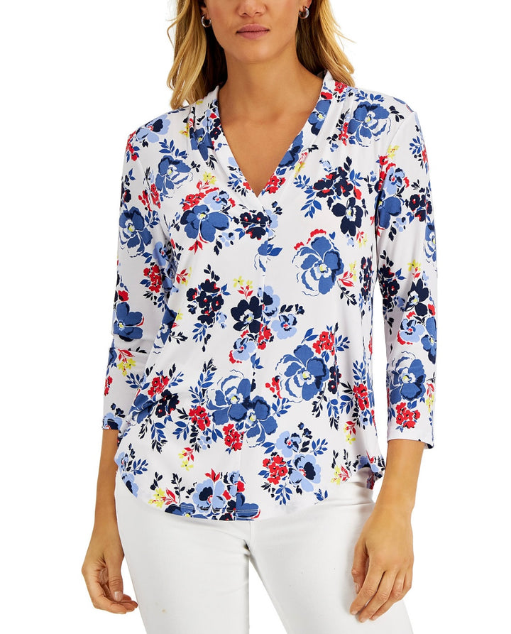 Charter Club Women's 3/4-Sleeve Floral Top Bright White Size S