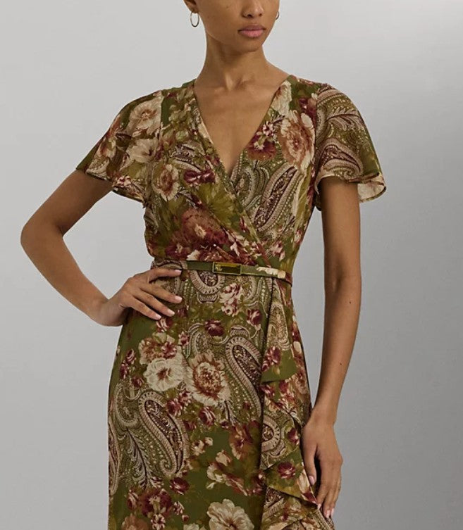 Lauren Ralph Lauren Women's Belted Floral Gown Dress Farm Olive Size 2