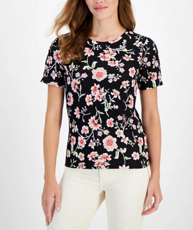 Nautica Jeans Women's Floral Print Cotton T-Shirt Black Multi Size S