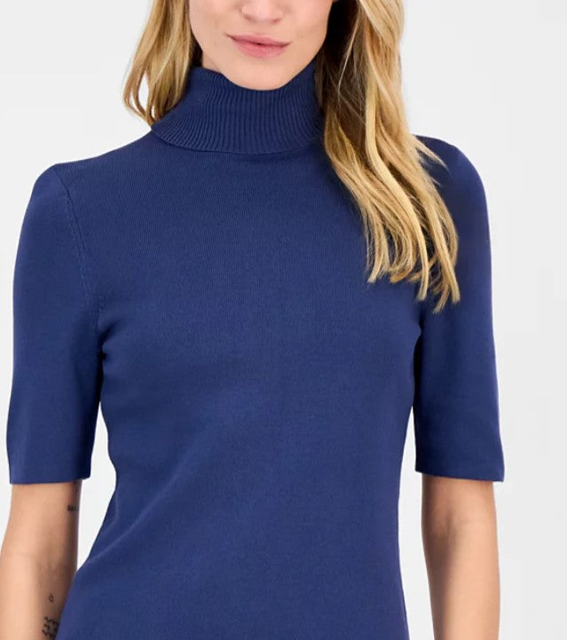 Anne Klein Women's Half-Sleeve Turtleneck Sweater Blue Carbon Size M