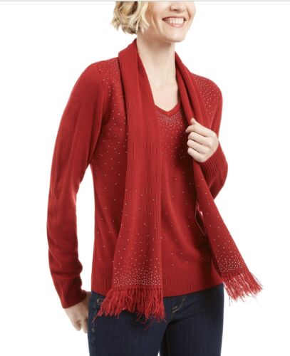 Karen Scott Women's Embellished Sweater Red Cherry Long Sleeve Top Size XL
