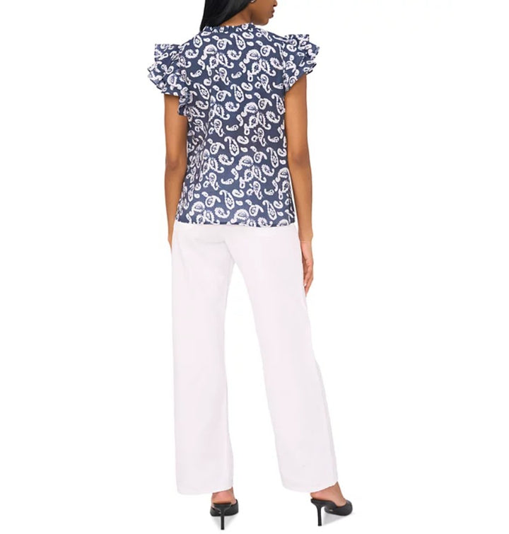 1.State Women's Printed Tie-V-Neck Flutter-Sleeve Top Navy Size S