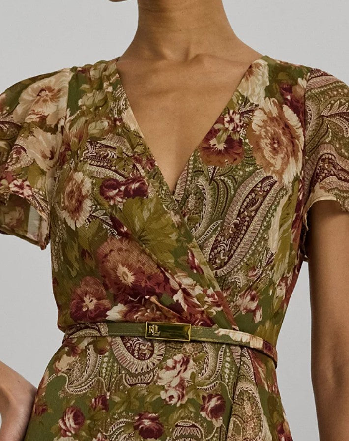 Lauren Ralph Lauren Women's Belted Floral Gown Dress Farm Olive Size 2