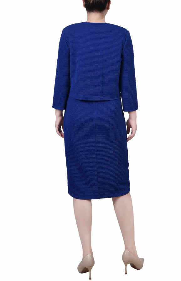 NY Collection Textured 3/4 Sleeve Two Piece Dress Set Blue Petite Size 12P