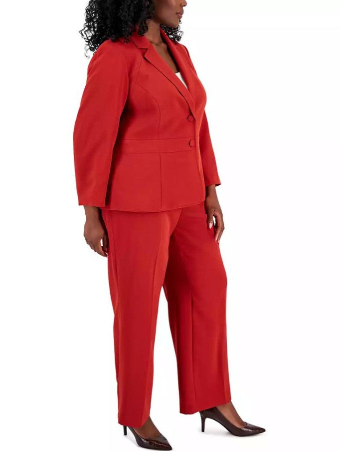 Le Suit Women's Crepe Two-Button Blazer Pantsuit Set Brick Red Plus Size 20W