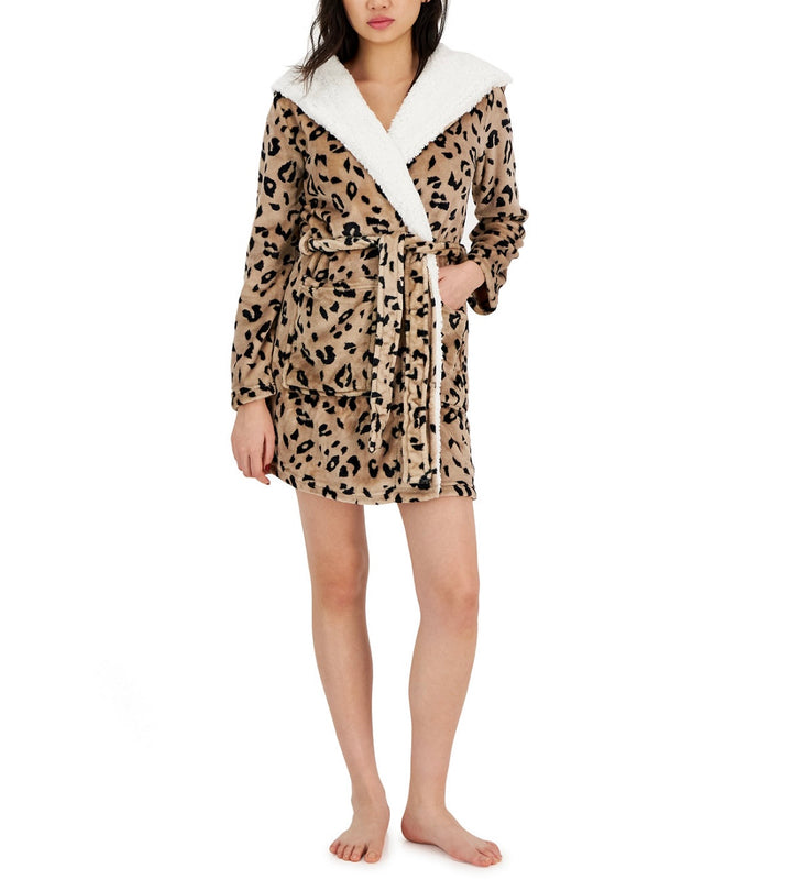 Jenni Women's Printed Short Sherpa Hooded Robe Space Leopard Black