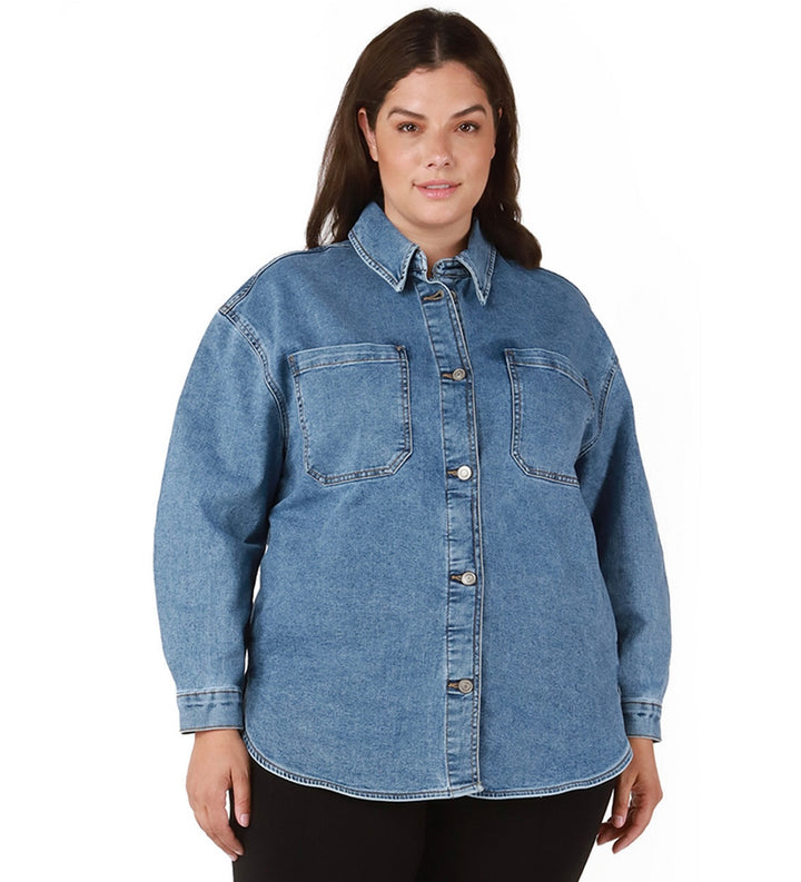 Black Tape Women's Trendy Denim Shacket Medium Blue Wash Plus Size 2X