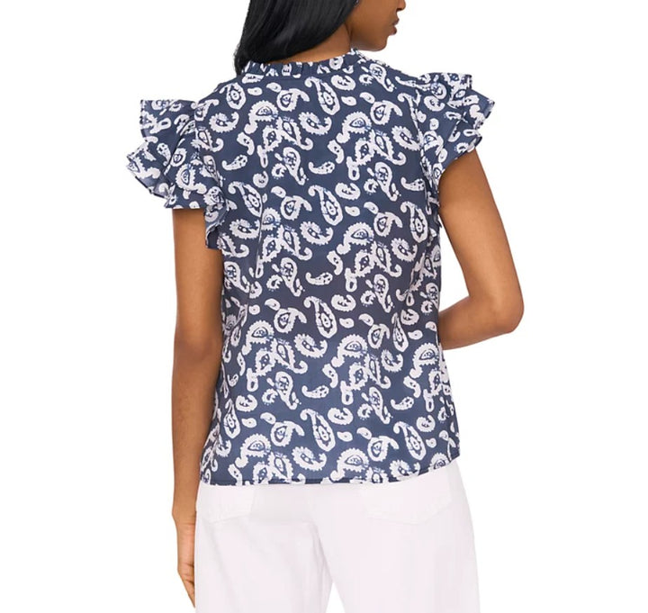 1.State Women's Printed Tie-V-Neck Flutter-Sleeve Top Navy Size S