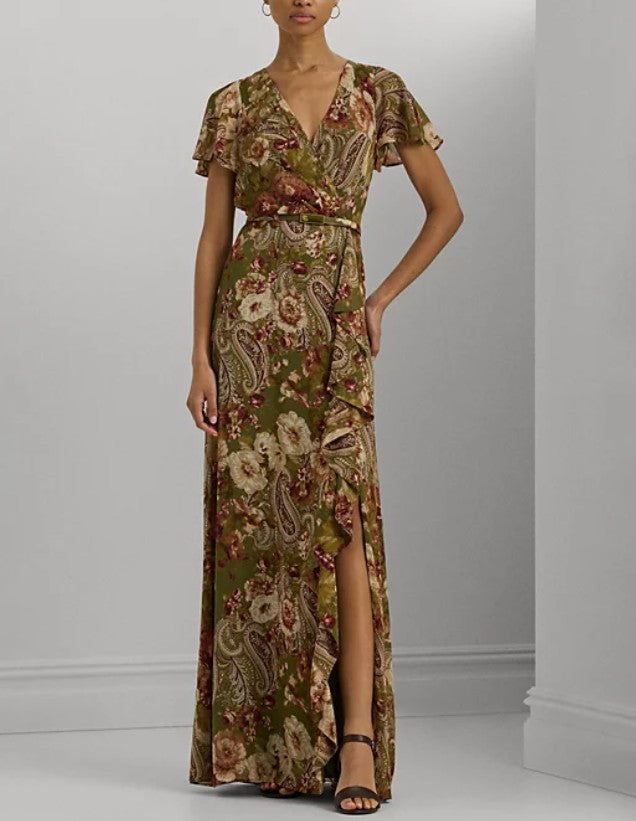 Lauren Ralph Lauren Women's Belted Floral Gown Dress Farm Olive Size 2