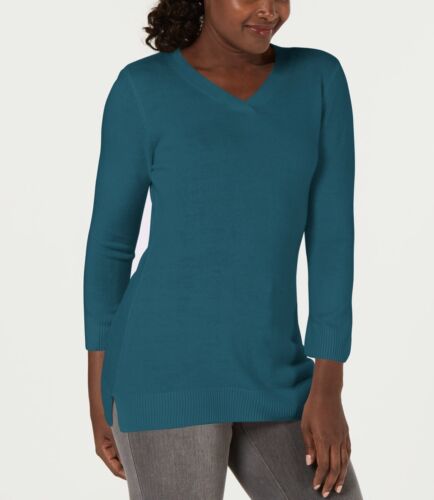 Karen Scott Women's Luxsoft V-Neck Sweater 3/4 Sleeve True Teal Top Size S