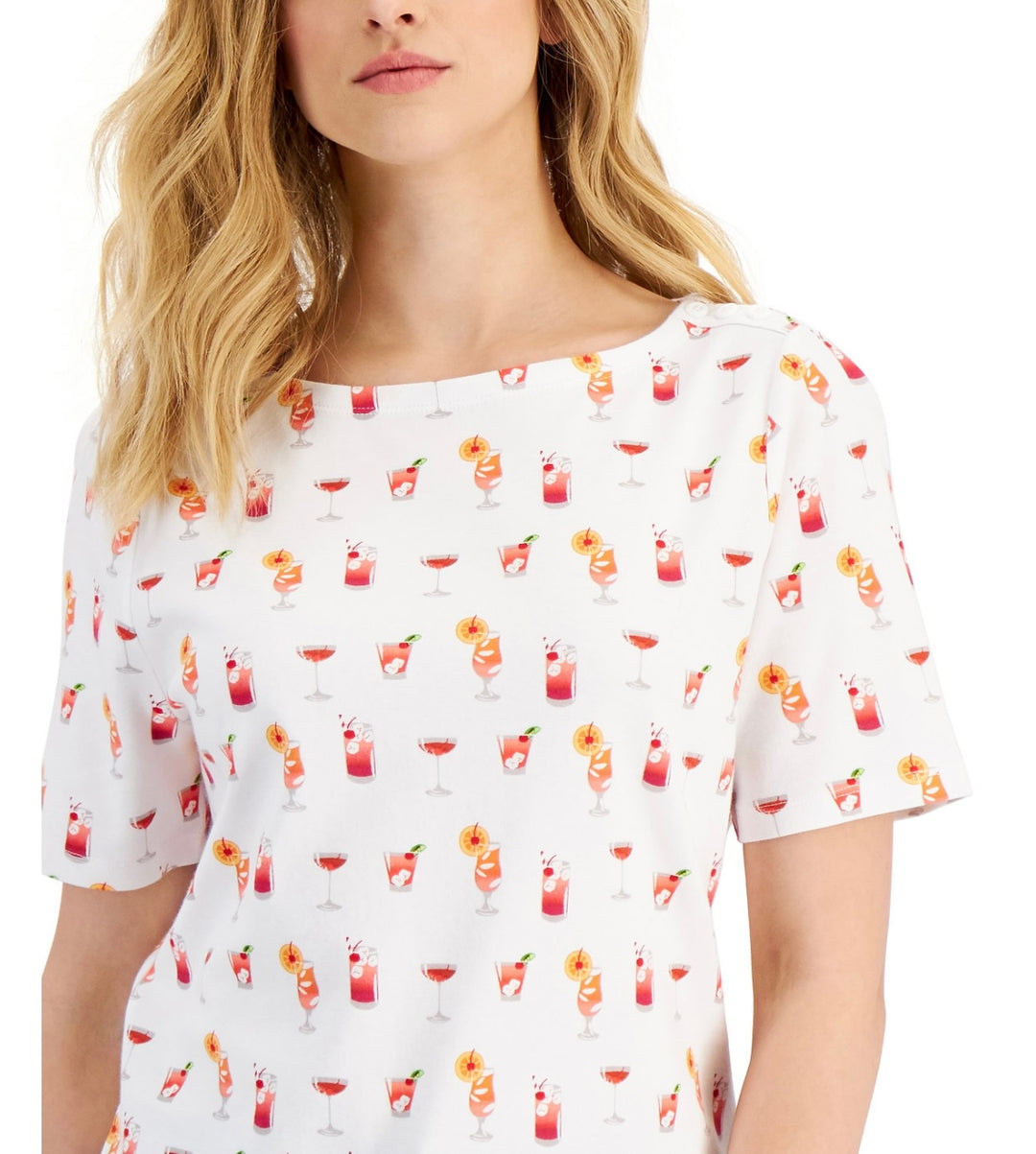 Charter Club Women's Boat Neckline Short Sleeve Cotton Printed Top Bright White