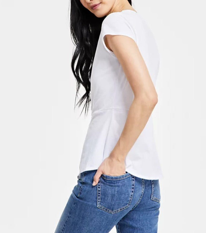 INC International Concepts Women's Embellished-Waist Cotton T-Shirt Bright White
