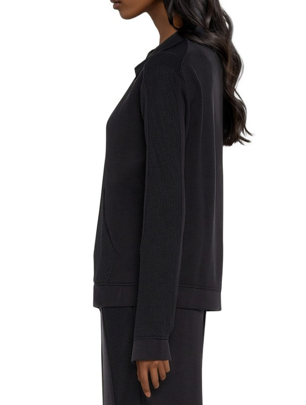 Three Dots Women's Kendra Collared V-Neck Long-Sleeve Top Black Size L