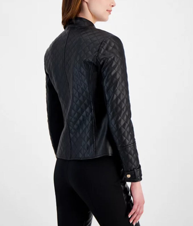 T Tahari Women’s Quilted Faux-Leather Long-Sleeve Jacket Black Size L