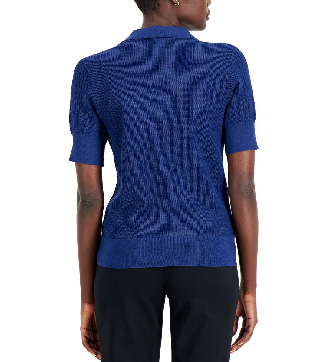 Alfani Women's Short Sleeve Pointelle Polo Sweater Blazing Navy Size XL